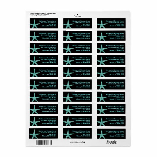 Black Aqua Blue Starfish Custom Address Labels (Vorne)