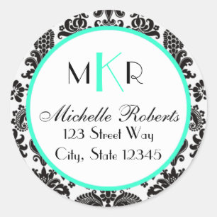 Black & Aqua Damask Round-Rücksendeadresse Runder Aufkleber