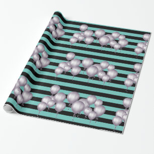 Black AQUA STRIPE GRAY Balloon BIRTHDAY WRAP Geschenkpapier
