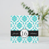 Black Aqua White Damask 16 . Geburtstag Einladunge Einladung (Stehend Vorderseite)