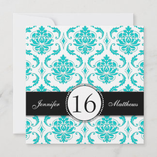 Black Aqua White Damask 16 . Geburtstag Einladunge Einladung