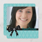 Black Aquamarin Blue Damask 16 . Geburtstag Party Einladung (Vorne/Hinten)