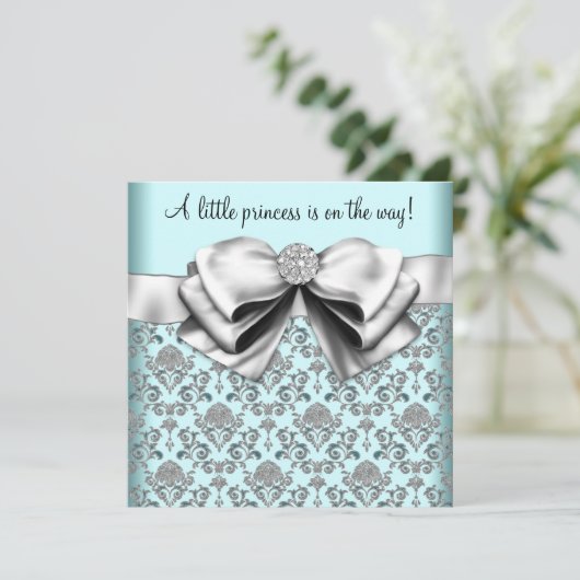 Black Aquamarin Blue Damask Princess Baby Dusche Einladung (Stehend Vorderseite)