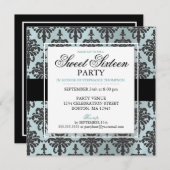 Black Aquamarin Blue Damask Sweet 16 Party Einladu Einladung (Vorne/Hinten)