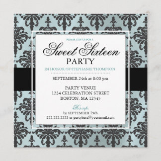 Black Aquamarin Blue Damask Sweet 16 Party Einladu Einladung