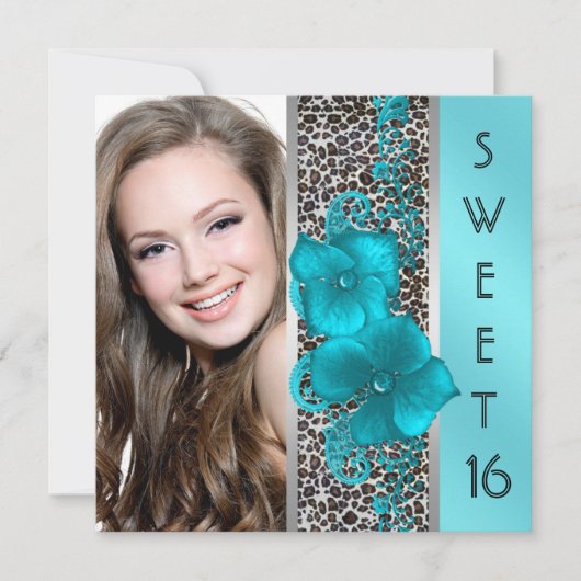 Black Aquamarin Blue Leopard Foto Sweet 16 Birthda Einladung (Vorderseite)