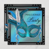 Black Aquamarin Blue Mask Masquerade Party Einladung (Vorne/Hinten)