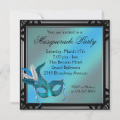 Black Aquamarin Blue Mask Masquerade Party Einladung (Rückseite)