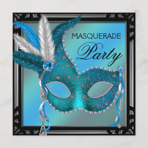 Black Aquamarin Blue Mask Masquerade Party Einladung