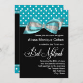 Black Aquamarin Blue Polka Dot Bat Mitzvah Einladung (Vorne/Hinten)