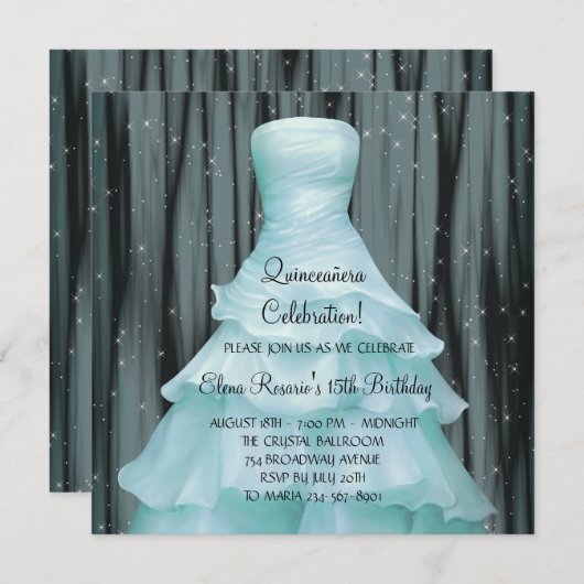 Black Aquamarin Blue Quinceanera Einladungen (Vorne/Hinten)