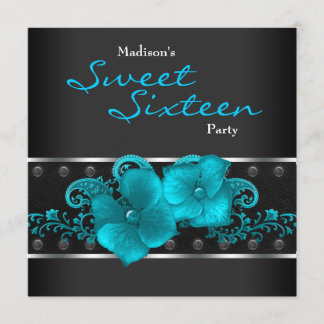 Black Aquamarin Blue Sweet 16 Geburtstagsparty Einladung