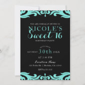 Black & Aquamarin Damask Chic Elegant Sweet 16 Par Einladung (Vorderseite)
