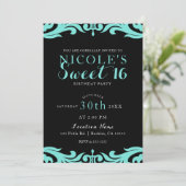 Black & Aquamarin Damask Chic Elegant Sweet 16 Par Einladung (Stehend Vorderseite)