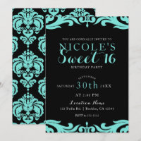 Black & Aquamarin Damask Chic Elegant Sweet 16 Par