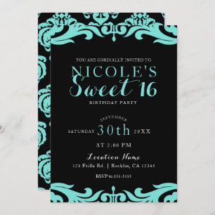 Black & Aquamarin Damask Chic Elegant Sweet 16 Par Einladung