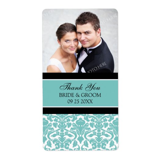 Black Aquamarin Damask Foto Hochzeitsmarken (Vorne)