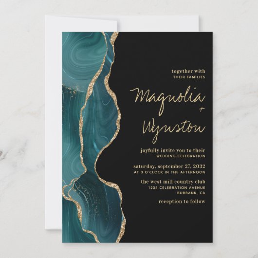 Black Aquamarin Gold Agate Geode Wedding Einladung (Vorderseite)