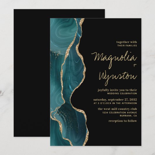 Black Aquamarin Gold Agate Geode Wedding Einladung (Vorne/Hinten)