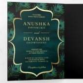 Black Aquamarin Peacock Feathers QR Code Wedding Dreifach Gefaltete Einladung (Innen Erste Seite)