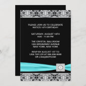 Black Aquamarin Silver Lace Elegantes 16 . Geburts Einladung (Vorne/Hinten)