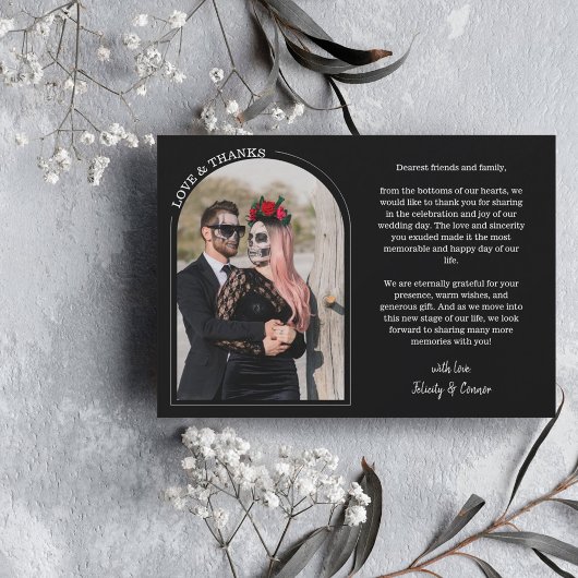 Black Arch Wedding Photo Love & Thanks Dankeskarte