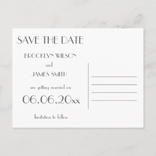 Black Art Deco Gatsby Save the Date den Rücken Ankündigungspostkarte (Rückseite)