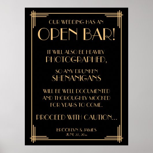 Black Art Deco Gold Gatsby Open Bar Sign 18x24 Poster (Vorne)