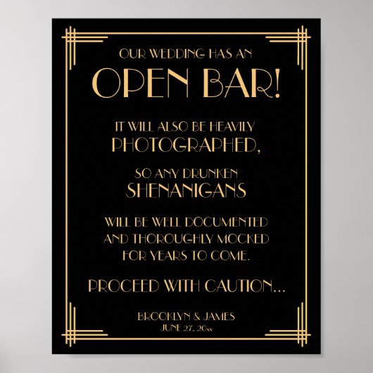 Black Art Deco Great Gatsby Open Bar Sign 8x10 Poster (Vorne)