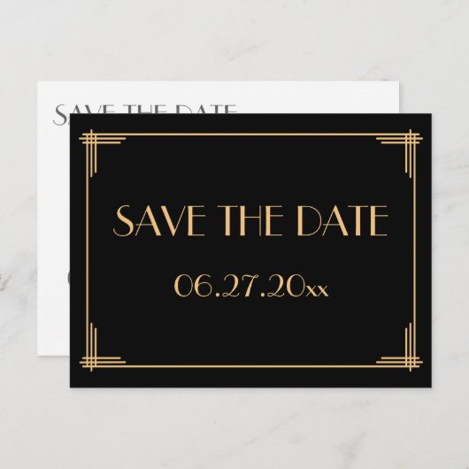 Black Art Deco Great Gatsby Save the Date Postkart Ankündigungspostkarte (Vorne/Hinten)