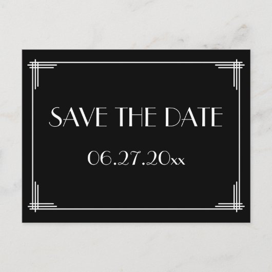 Black Art Deco Great Gatsby Save the Date Postkart Ankündigungspostkarte (Vorderseite)