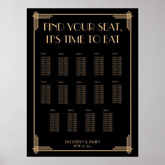 Black Art Deco Hochzeitsdiagramm Poster (Vorne)