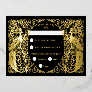 Black Art Deco Peacocks Gold Fox Rsvp Card Folien Feiertagspostkarte