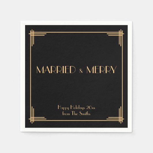 Black Art Deco Verheiratet und froh Weihnachten Na Serviette (Vorderseite)