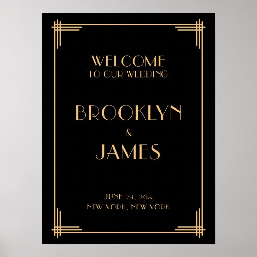 Black Art Deco Wedding Reception Zeichen 18" x 24" Poster (Vorne)