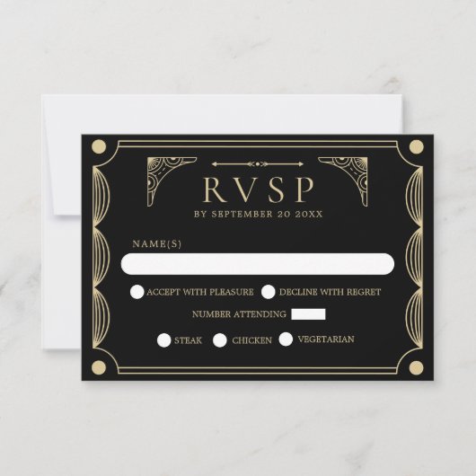 Black Art Deco Wedding RSVP (Vorderseite)