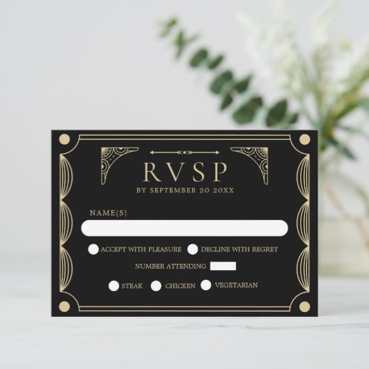 Black Art Deco Wedding RSVP (Stehend Vorderseite)