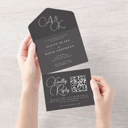 Black Ash White Monogram Script Minimalistisch QR All In One Einladung (Abreißen)
