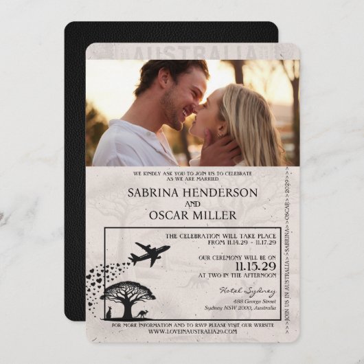 Black Australia Passport Wedding Einladung (Vorne/Hinten)