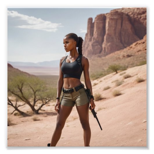 Black Babe in Khaki Shorts mit Blick auf die Wüste Fotodruck (Vorne)