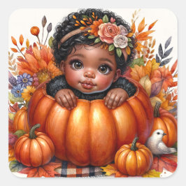 Black Baby Girl in Pumpkin Herbst Quadratischer Aufkleber