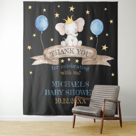 black baby shower stars balloon elephant backdrop wandteppich (Beispiel)