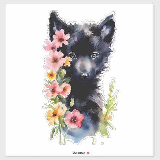 Black Baby Wolf cub Aquarellmalerei Aufkleber (Blatt)