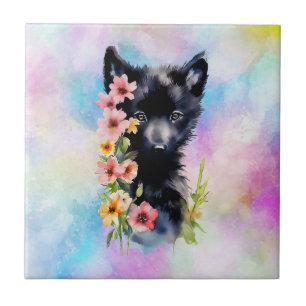 Black Baby Wolf cub Aquarellmalerei Fliese