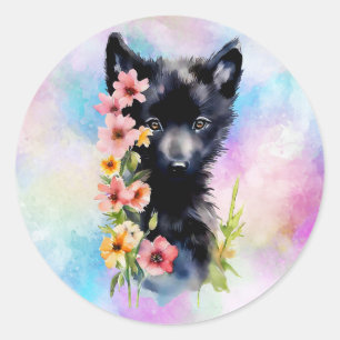 Black Baby Wolf cub Aquarellmalerei Runder Aufkleber