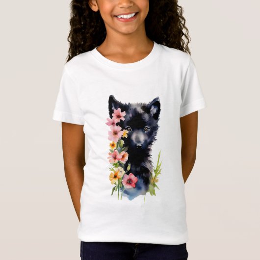 Black Baby Wolf cub Aquarellmalerei T-Shirt (Vorderseite)