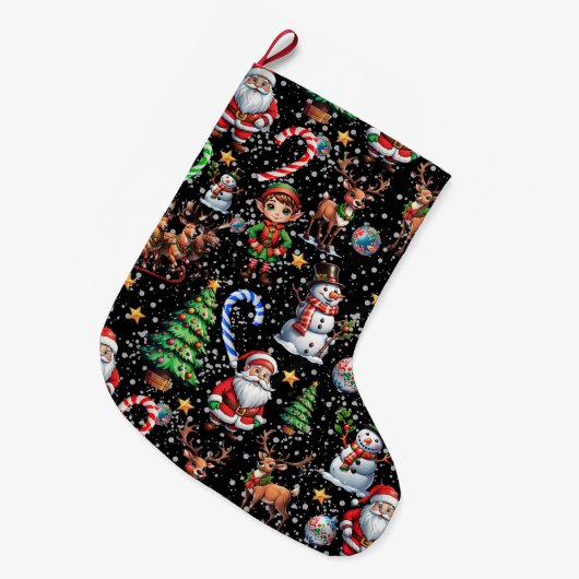 Black Background Christmas Decorative Pattern Großer Weihnachtsstrumpf (Vorderansicht (hängend))