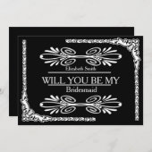 Black Background Swirl Werden Sie meine Brautjungf Einladung (Vorne/Hinten)