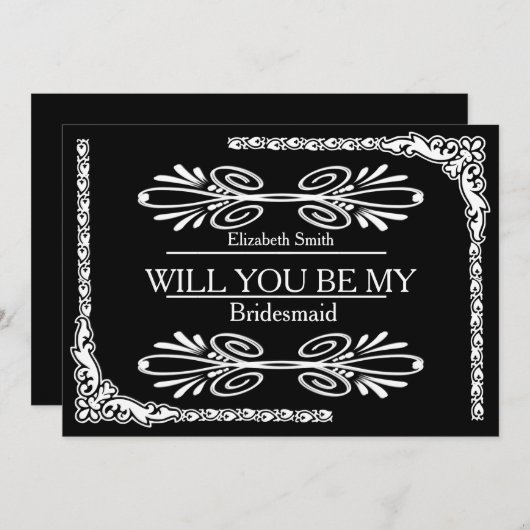 Black Background Swirl Werden Sie meine Brautjungf Einladung (Vorne/Hinten)