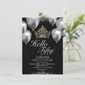 Black Balloons Crown 50. Geburtstag Einladung (Stehend Vorderseite)